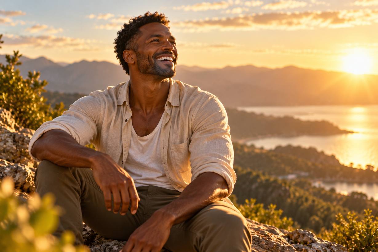 A man smiling at a sunset overlook
