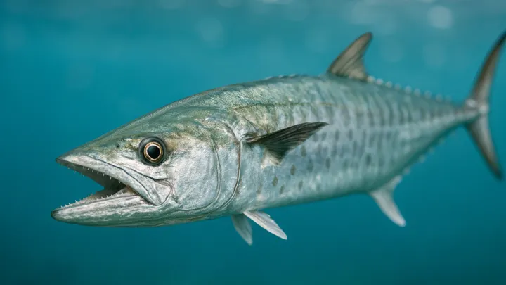Silver king mackerel with slim torpedo body and sharp teeth