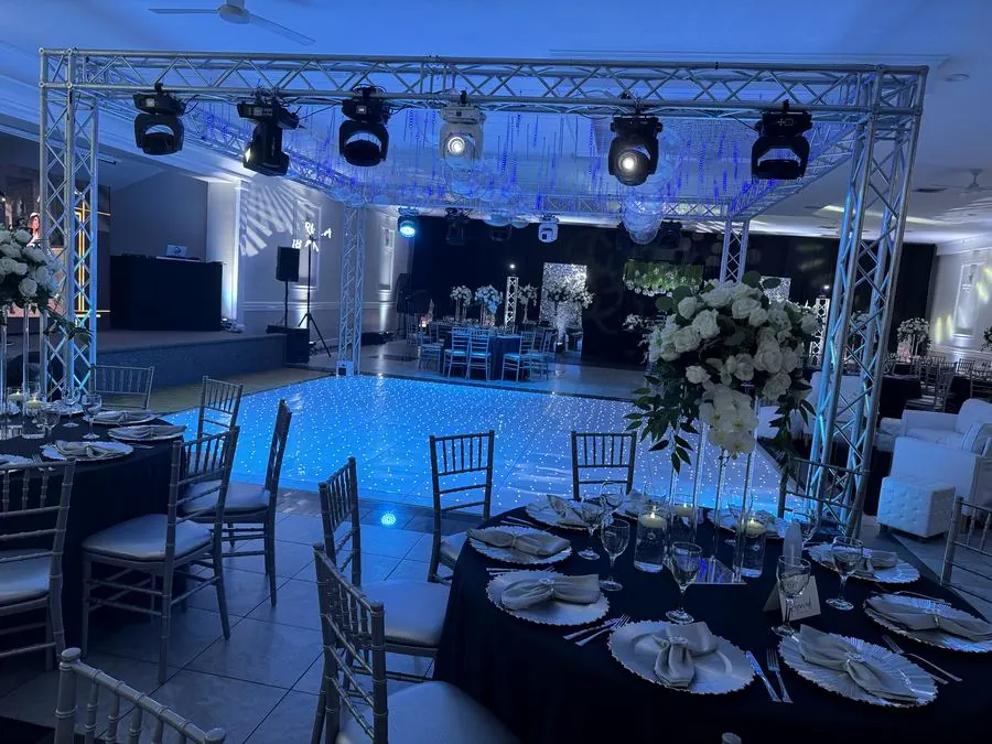 Full truss grid over an LED starlit dance floor in a set ballroom