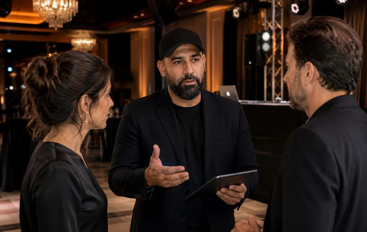 Vinnie atrás da controladora durante uma recepção de casamento