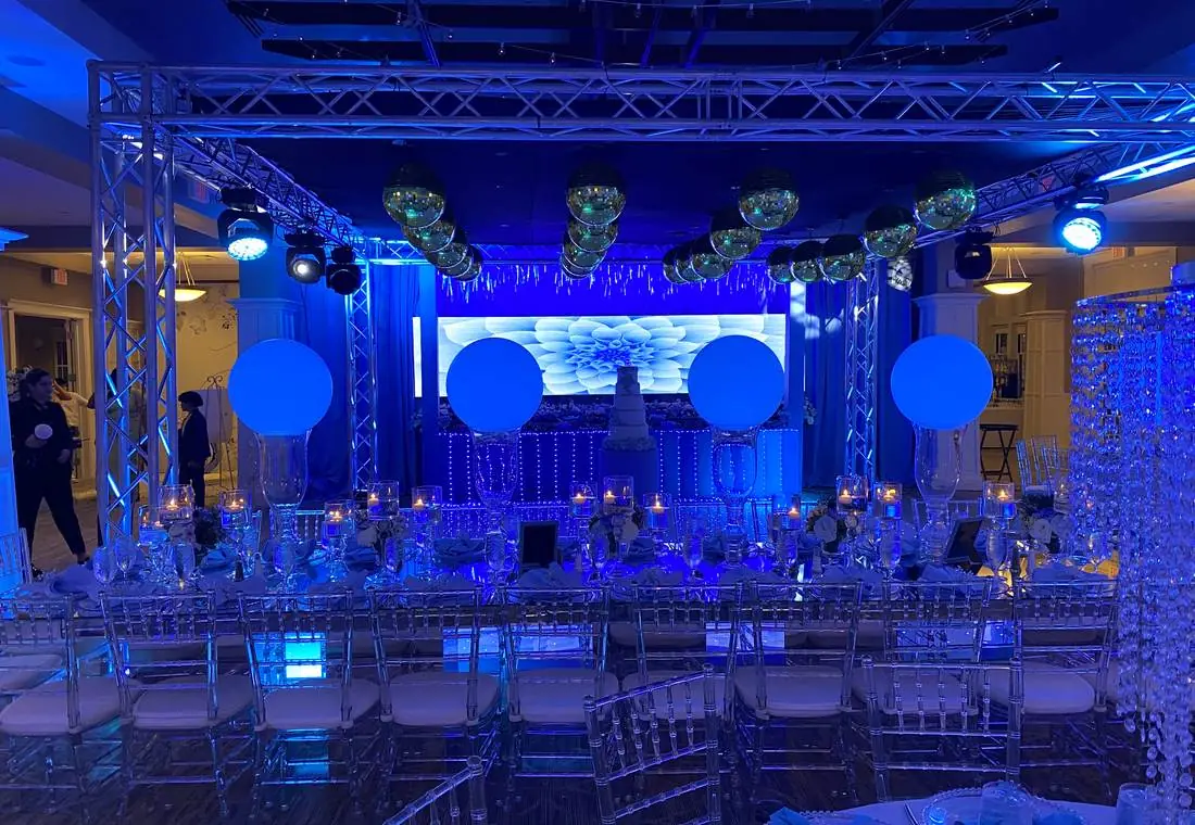 Truss structure and lighting rig installed across a ballroom