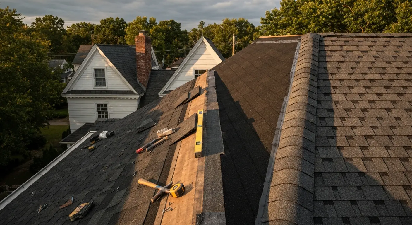 Roof repair on Colonial-style home