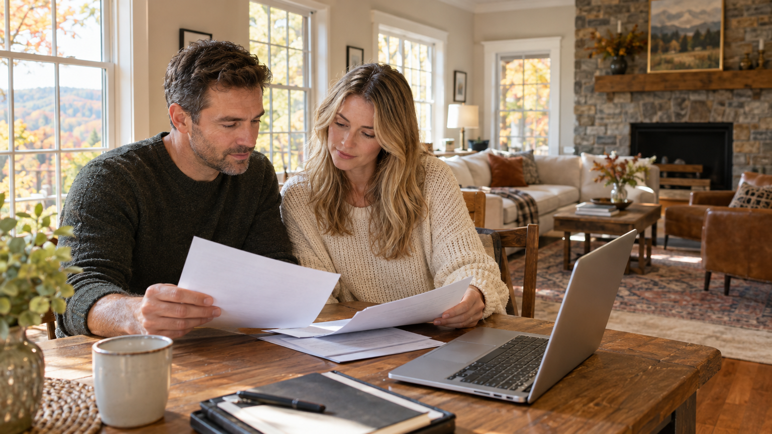 Home buyers reviewing real estate documents at a table with autumn light coming through the windows
