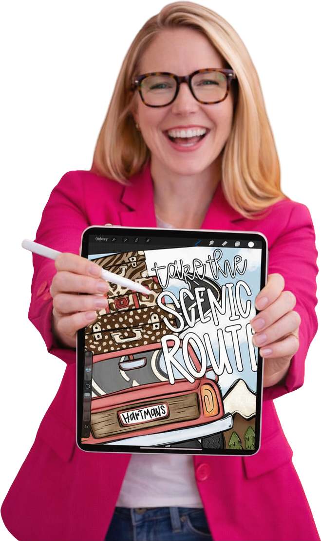 Tyffany holding iPad with Take the Scenic Route Procreate design