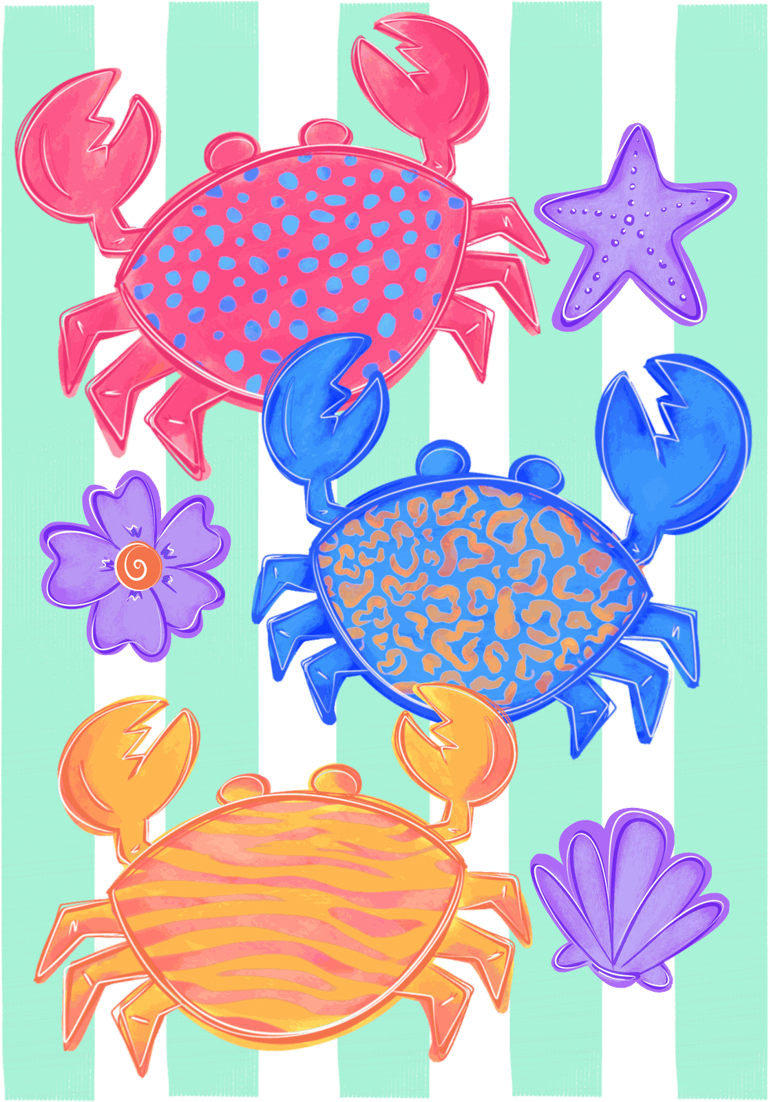Finished summer crab and turtle illustrations made in the workshop