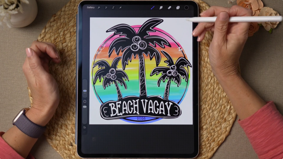 Finished Beach Vacay design colored in Procreate