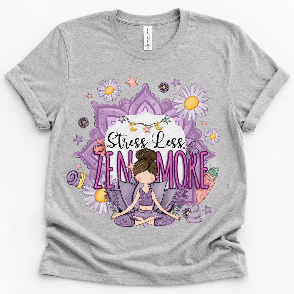 Stress Less Zen More design printed on a t-shirt
