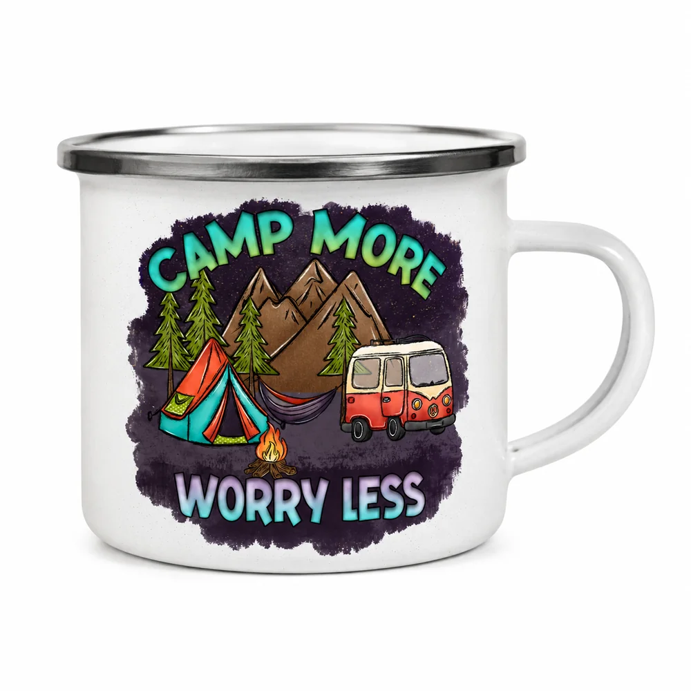 Camp More Worry Less design on an enamel mug