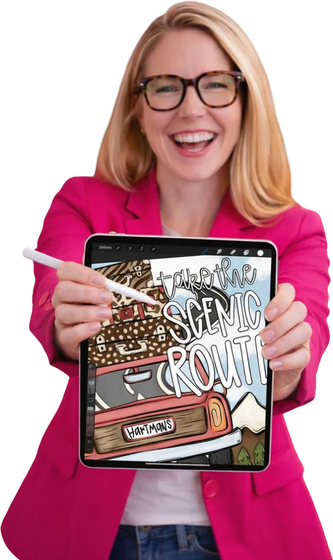 Tyffany holding iPad with a hand-drawn Procreate design