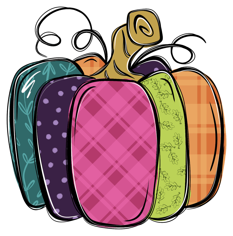 Pumpkin with every section in a different pattern, including plaid and leaves