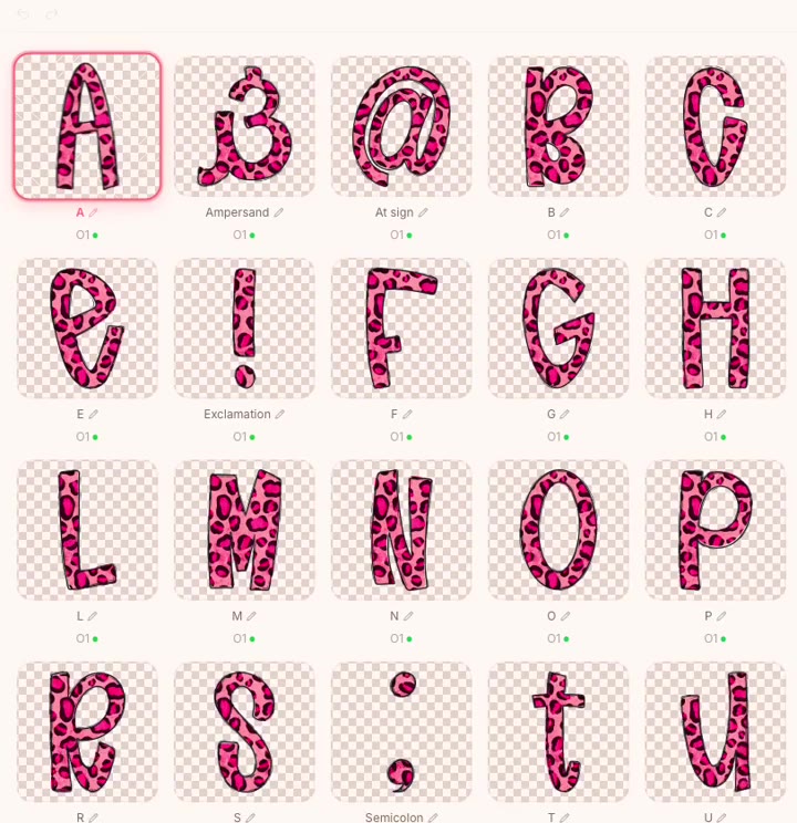 The same alpha set with every letter filled in pink leopard