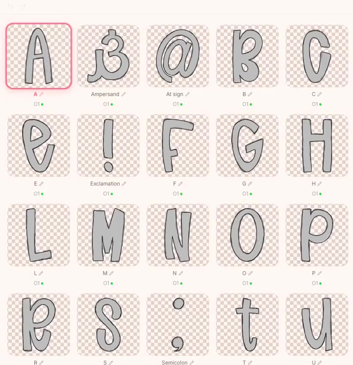 An alpha set of plain gray letter outlines before filling