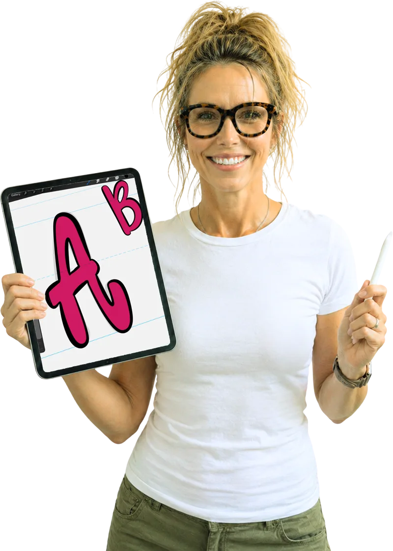 Tyffany holding an iPad with a hand-drawn letter A