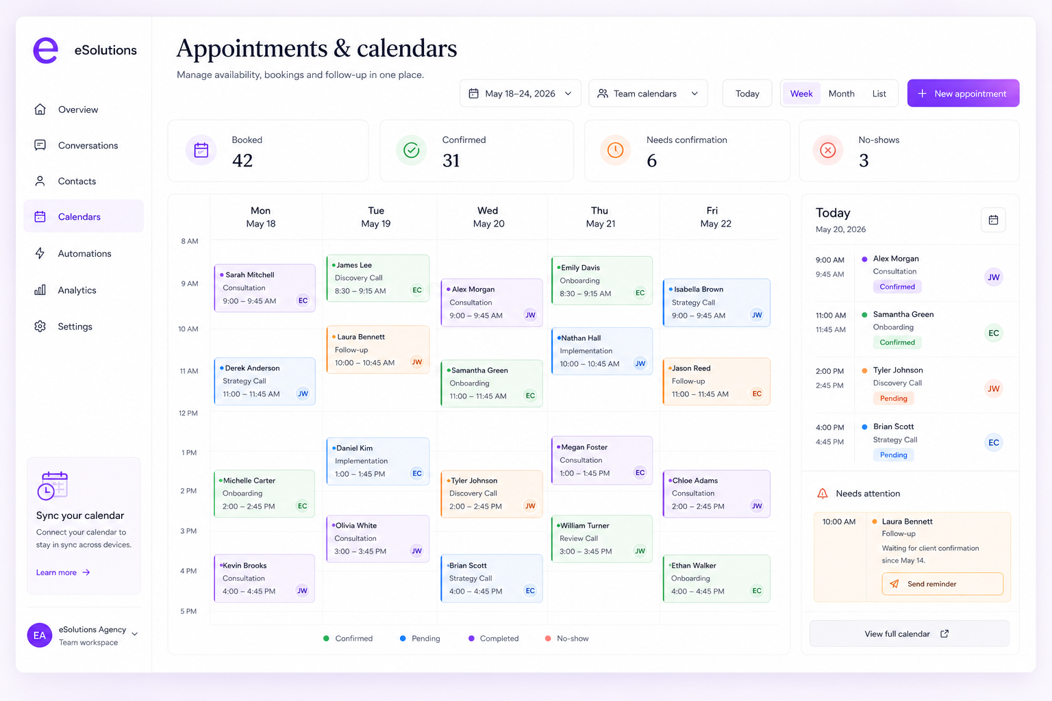 eSolutions appointments and calendars showing team schedules, bookings and statuses
