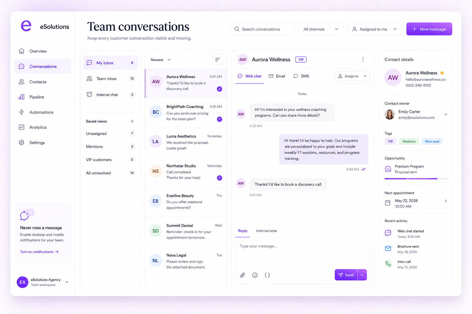 eSolutions team conversations showing a shared customer inbox and contact details