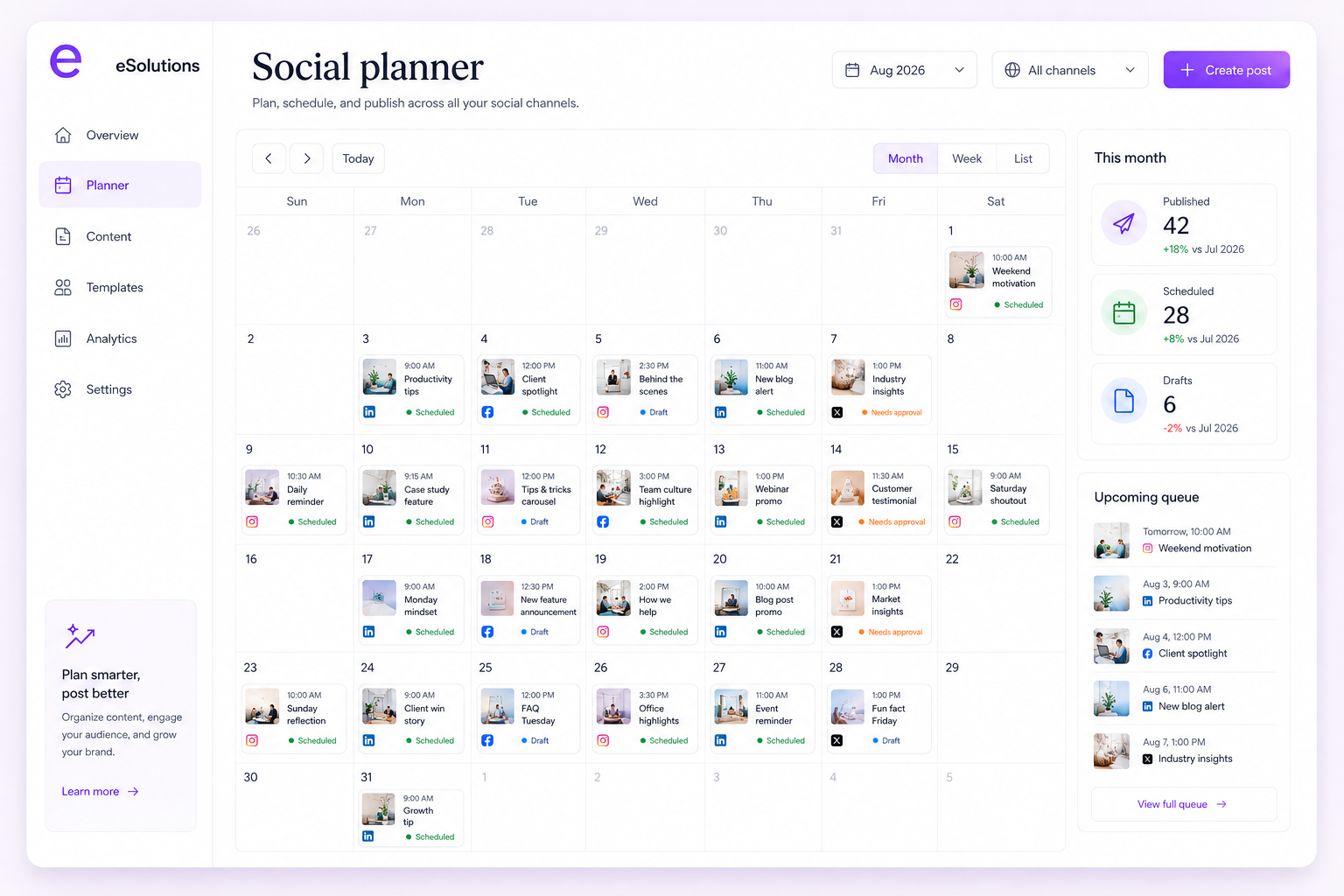 eSolutions social media planner showing scheduled content across a monthly calendar