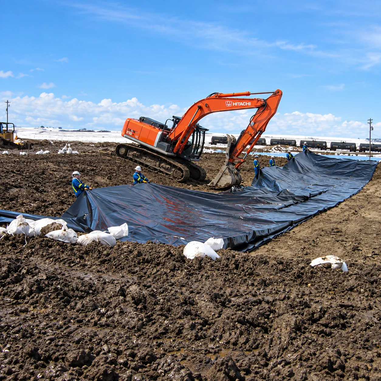 Excavator installing liner systems for environmental containment