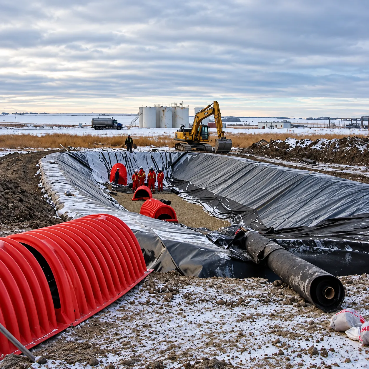 Pond liner and drainage system installation during environmental construction