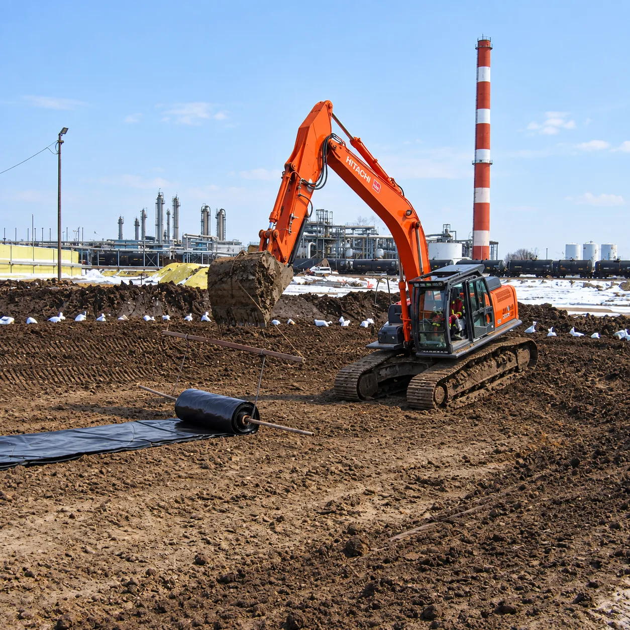 Excavator performing environmental construction work at an industrial site