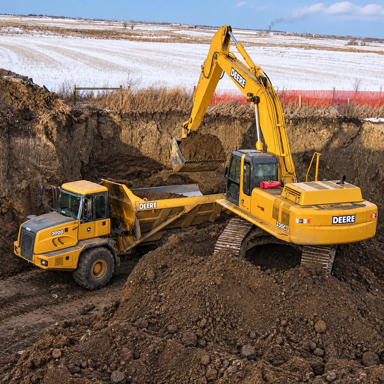 Excavator and haul truck supporting contaminated soil removal