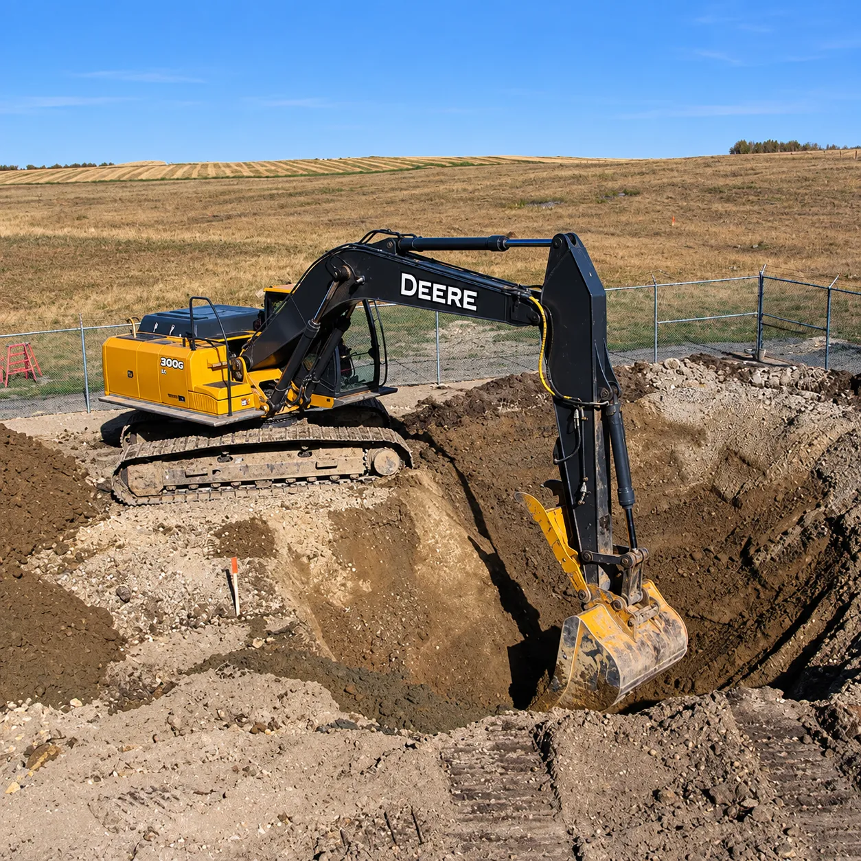 Excavator working in a deep soil remediation excavation