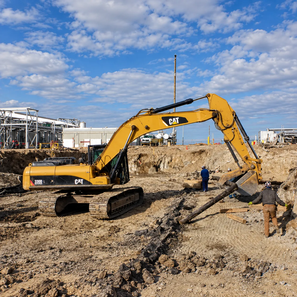 Excavator performing soil excavation at an industrial remediation site
