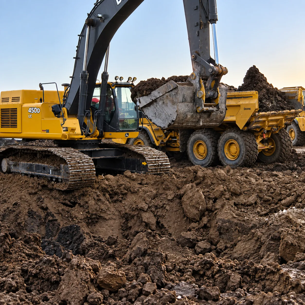 Excavator loading impacted soil into a haul truck