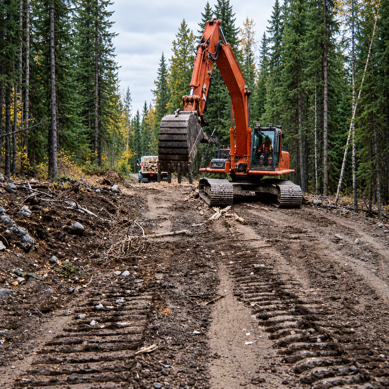 Excavator working on land reclamation in a forested area
