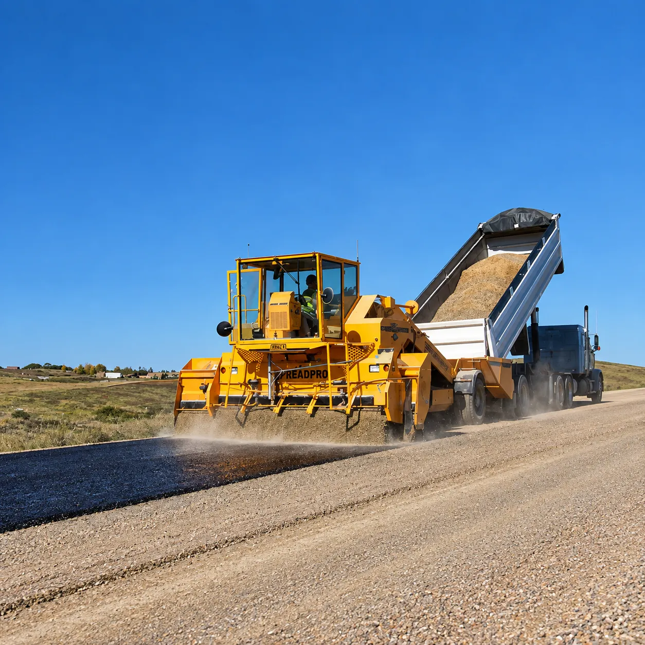 Road surfacing equipment applying aggregate during road construction