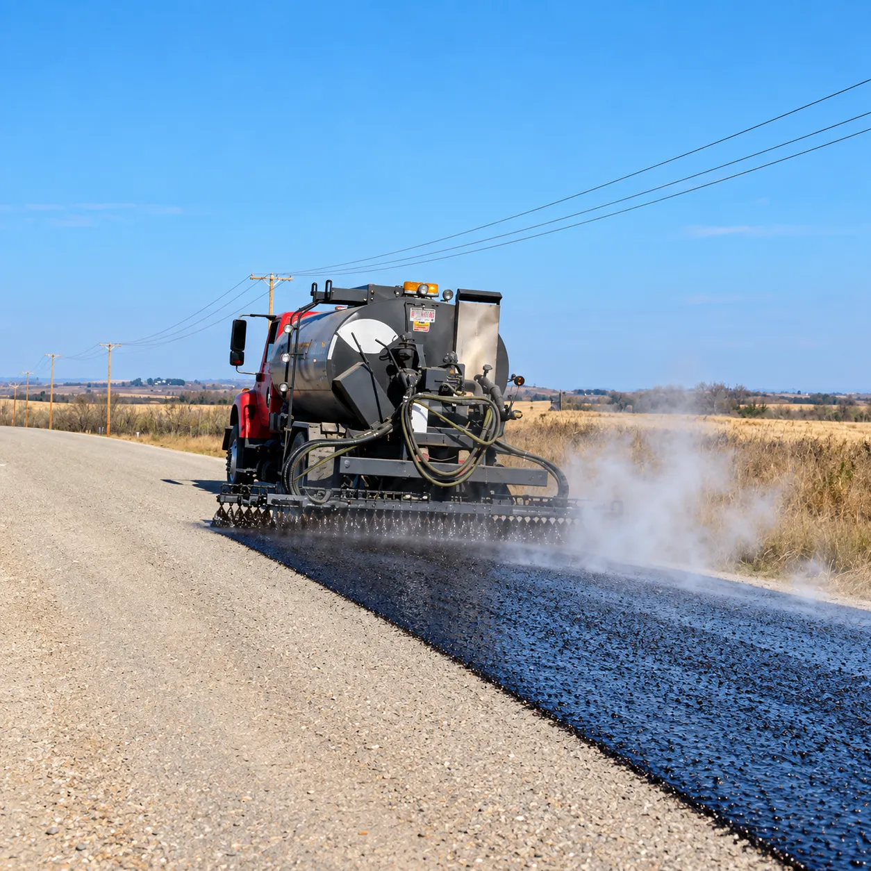 Road surface treatment truck applying material to a rural road