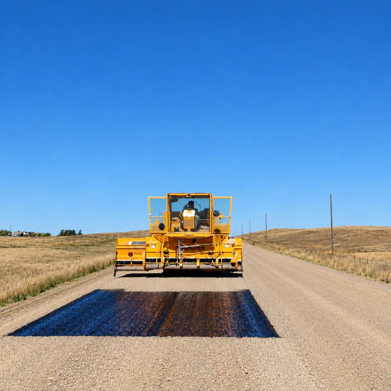 Road surface treatment equipment working on a rural Alberta road