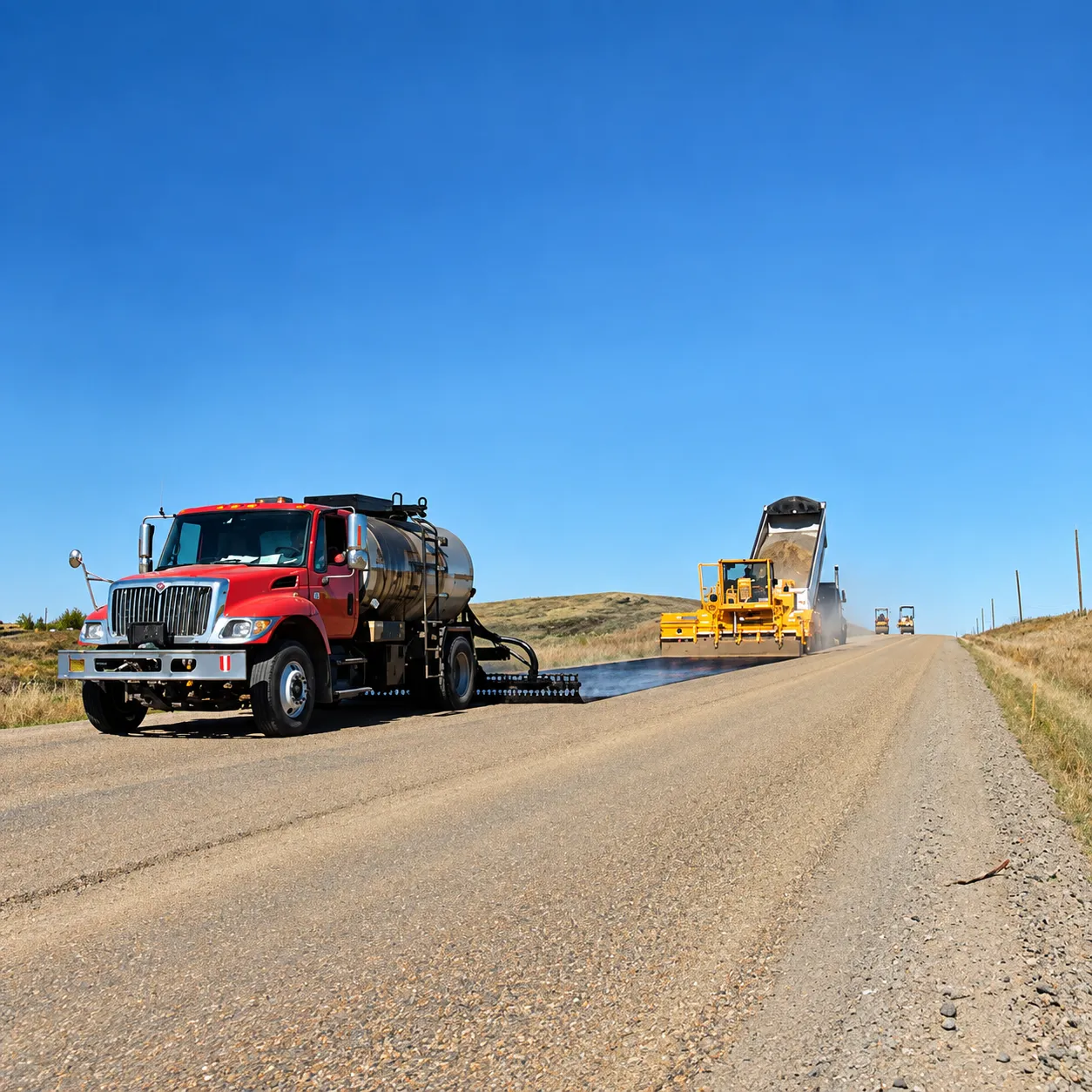 Road construction equipment working on a gravel road in Alberta