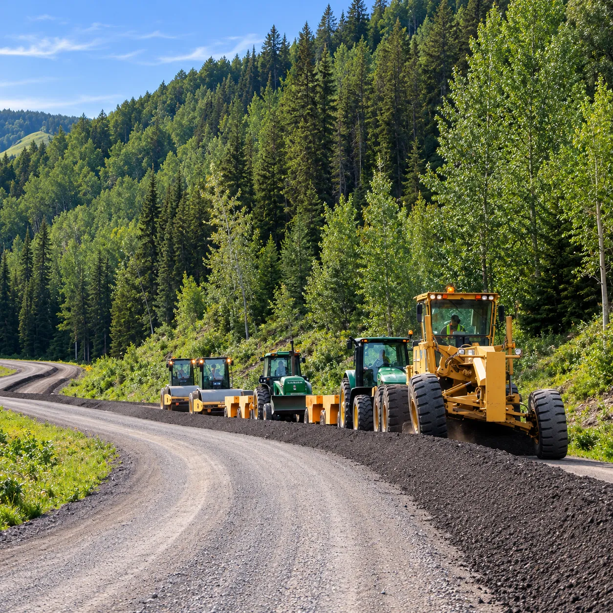 Road grading equipment working on a curved forest road