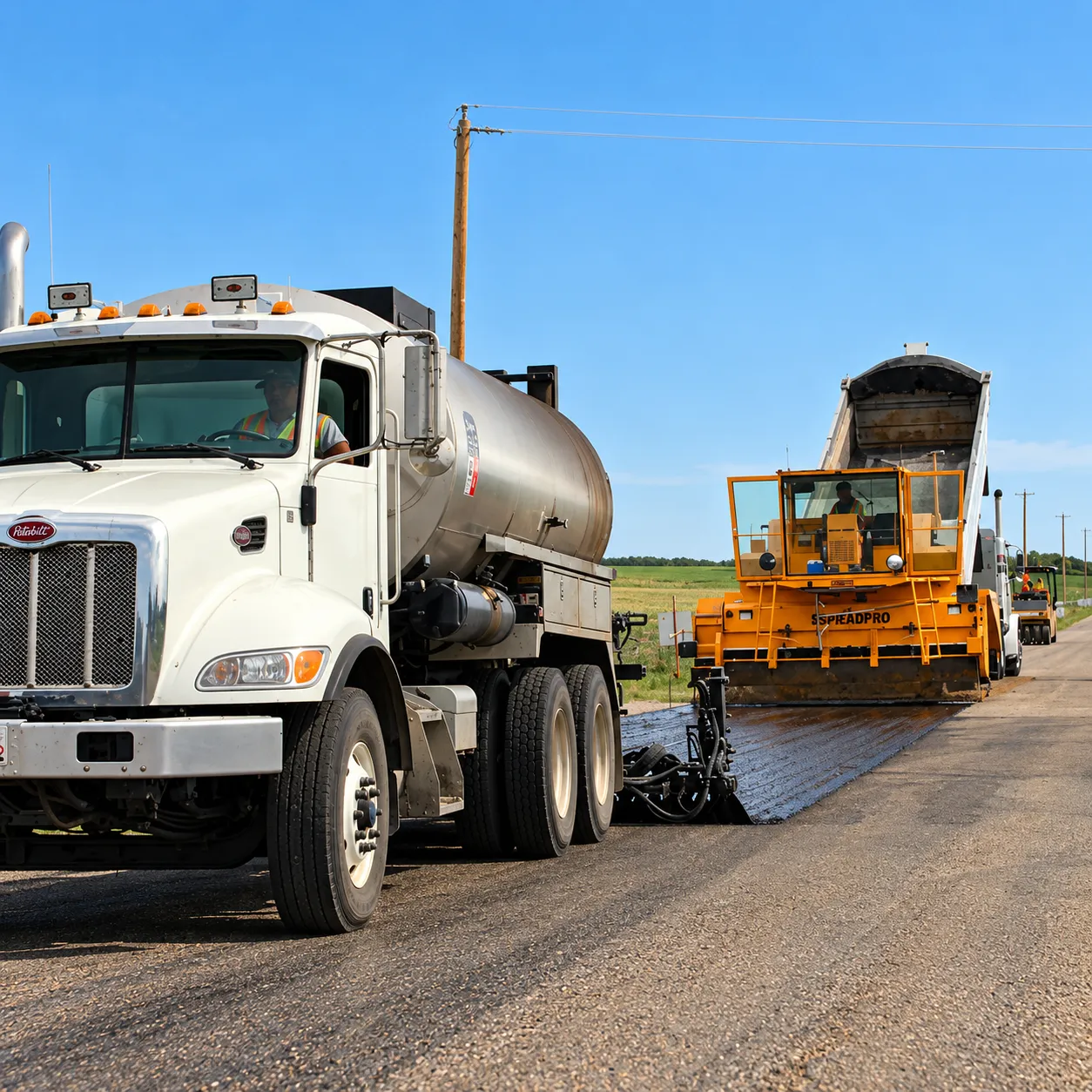 Road construction trucks and surfacing equipment on an Alberta project