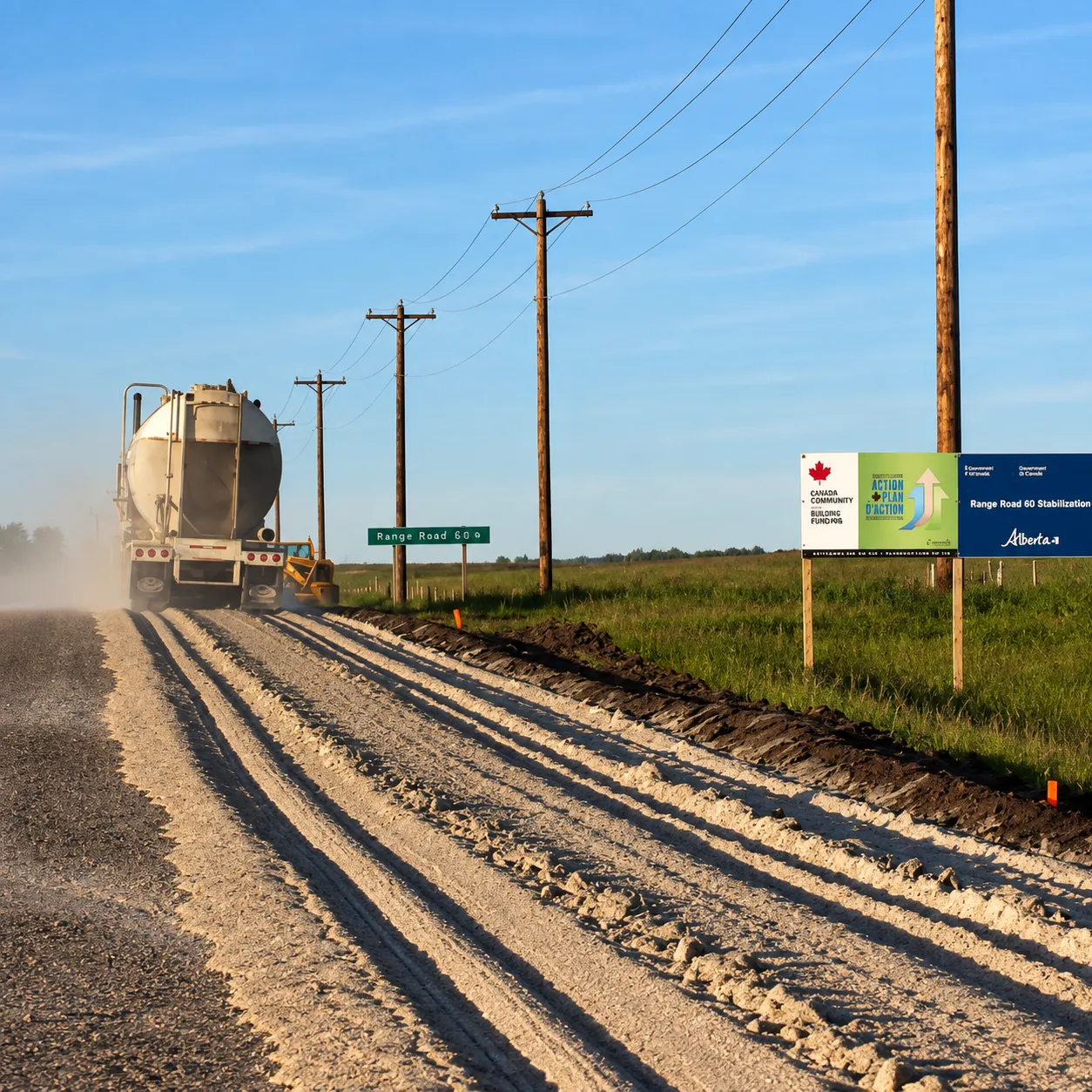 1. Gravel truck traveling along a rural road construction site