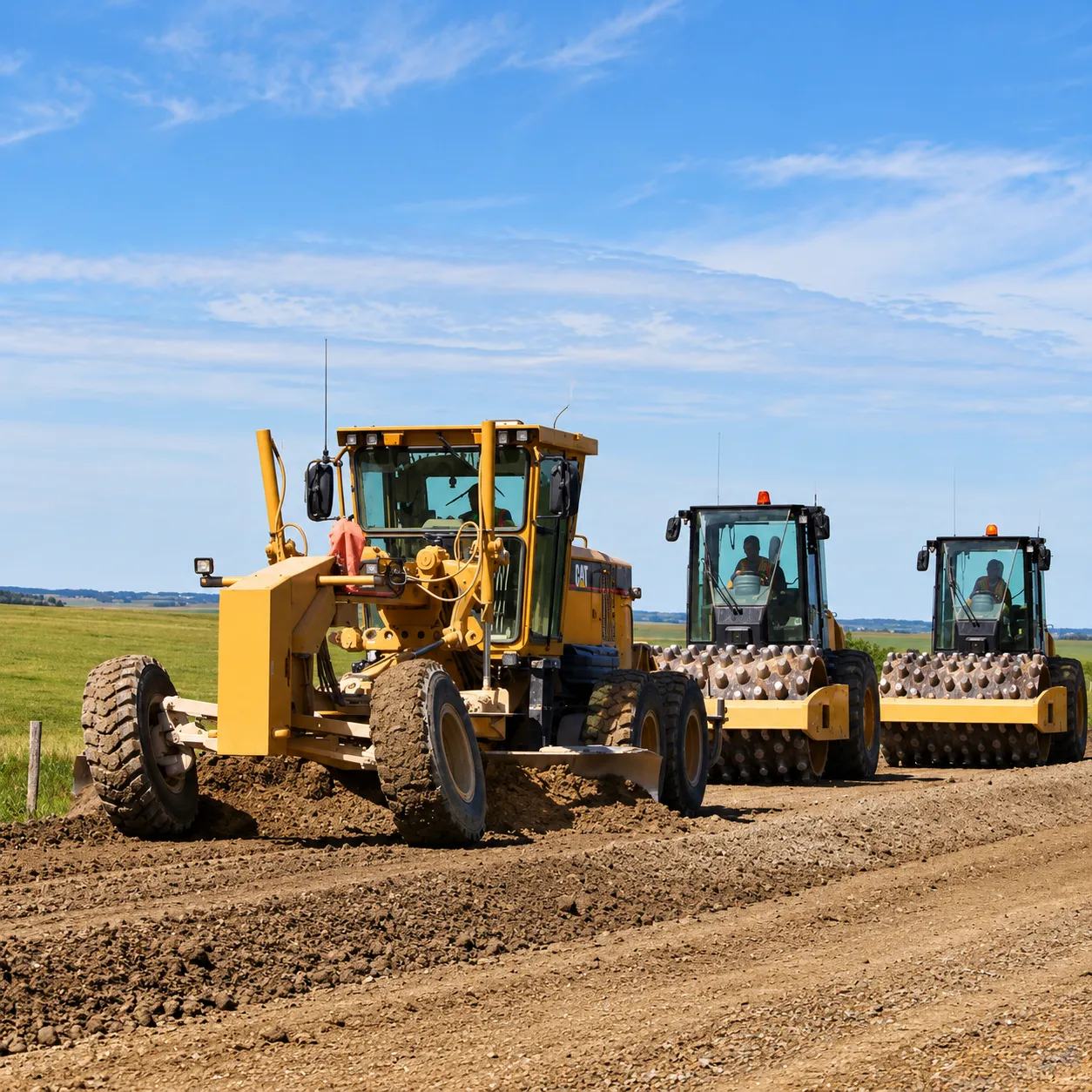 Motor graders preparing a road base for construction