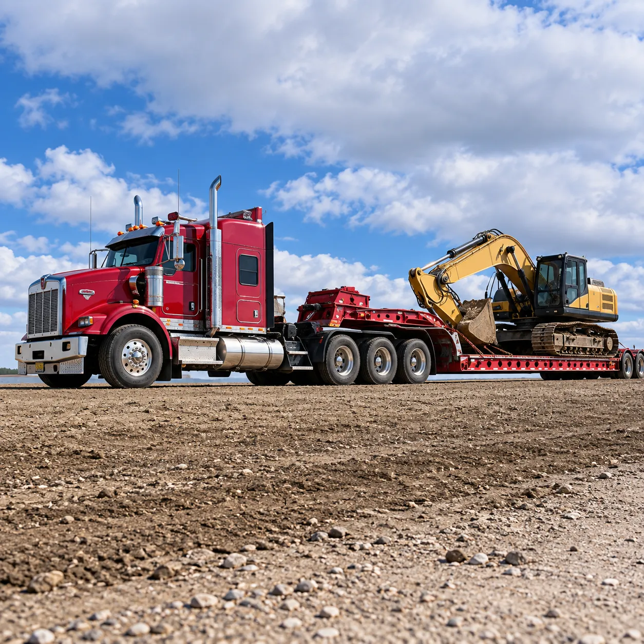 Heavy construction equipment transported on a lowbed trailer