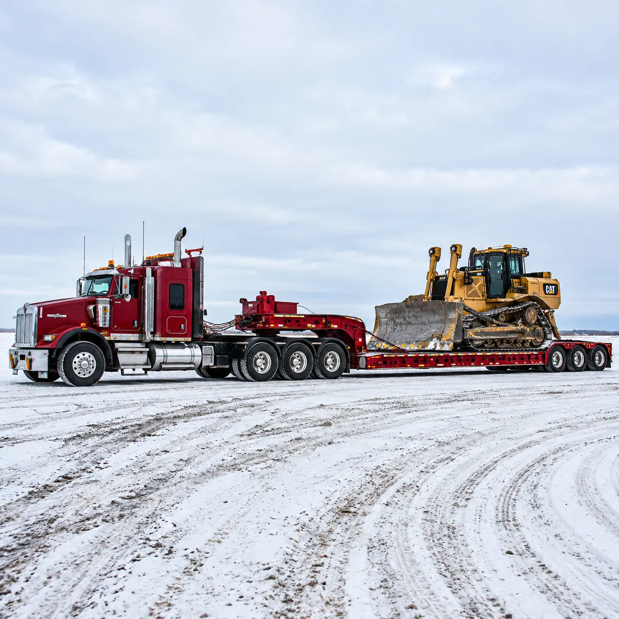 Heavy equipment hauled on a lowbed trailer during winter operations