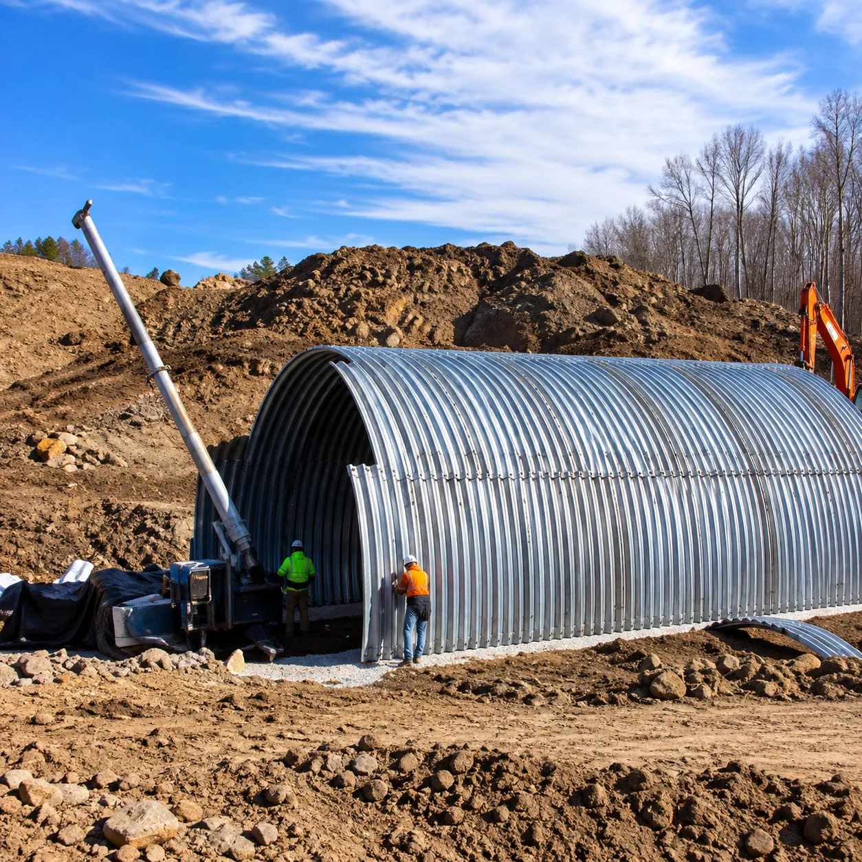 Corrugated steel arch structure being installed on the Arch Project