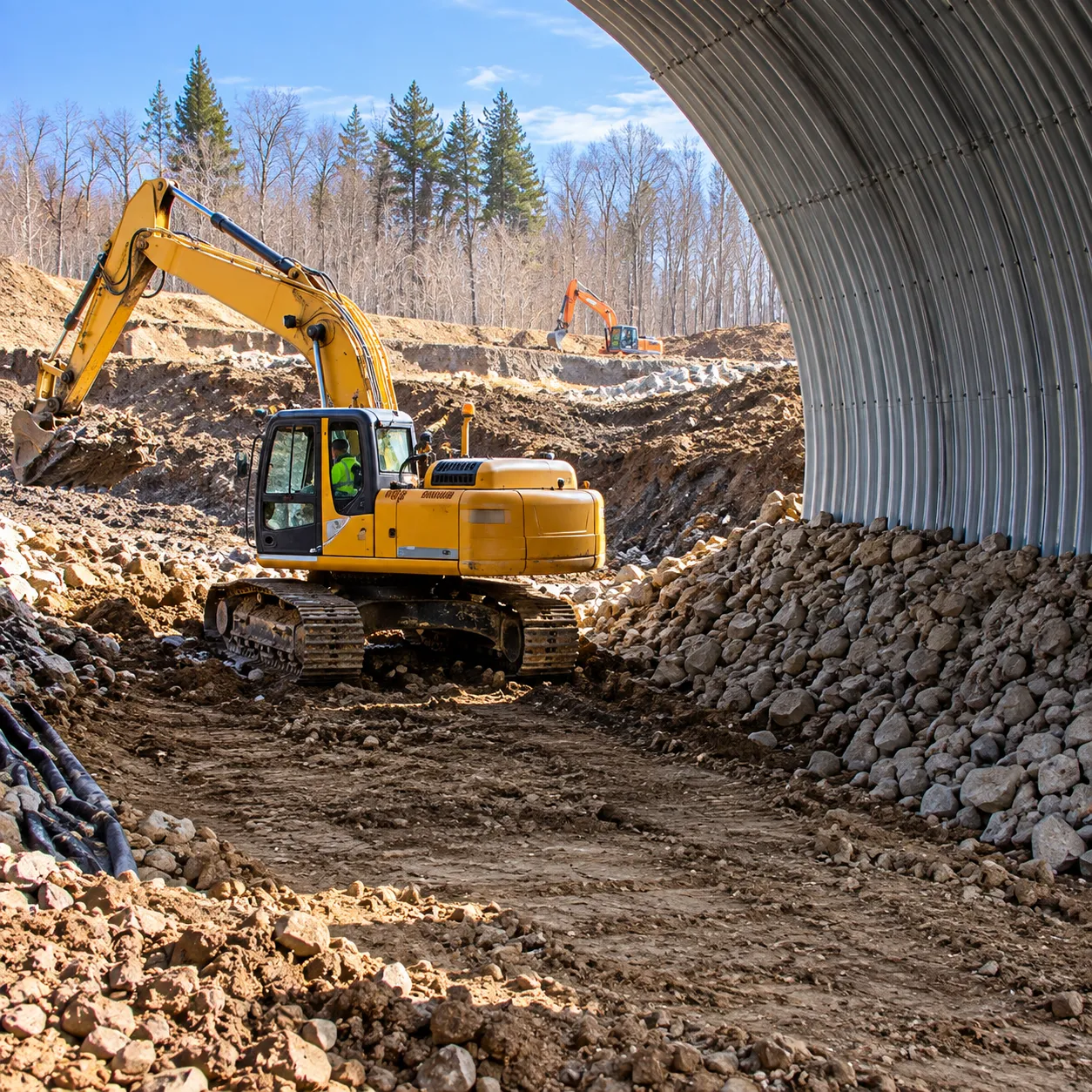 Excavator performing backfill work around a steel arch structure