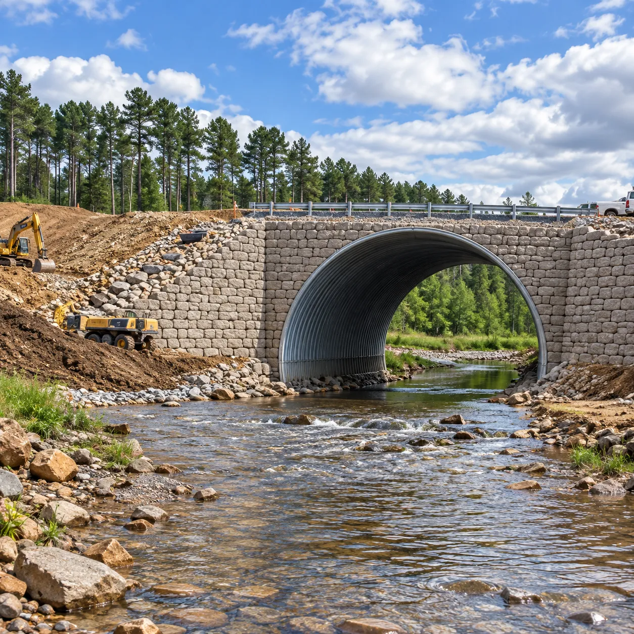 Completed corrugated steel arch crossing with graded embankment
