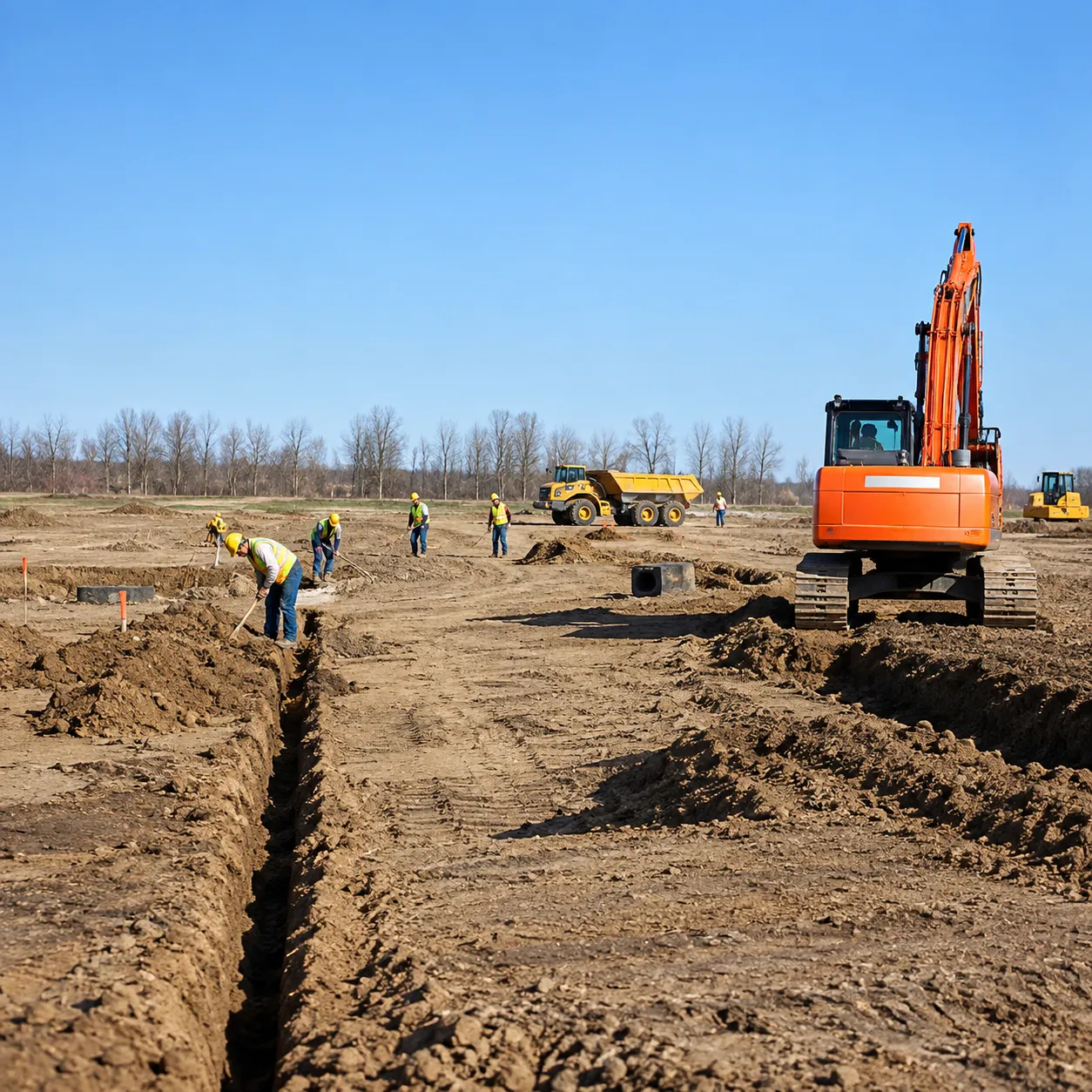 Excavator performing earthworks for lagoon construction