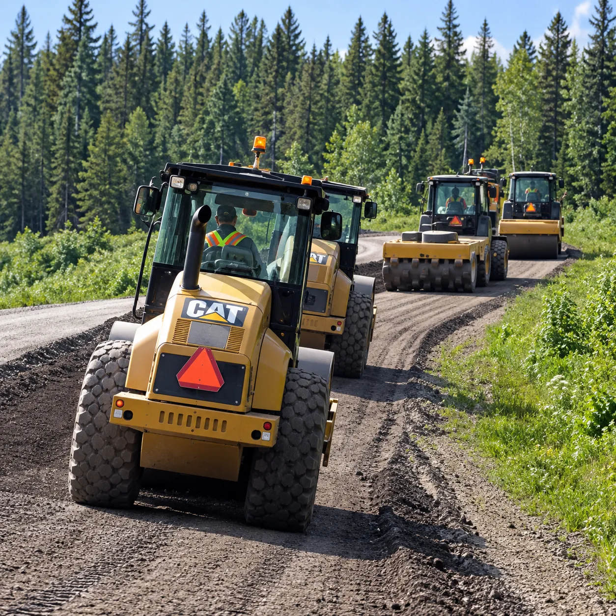 Compaction equipment working on the Alaska Highway road surface