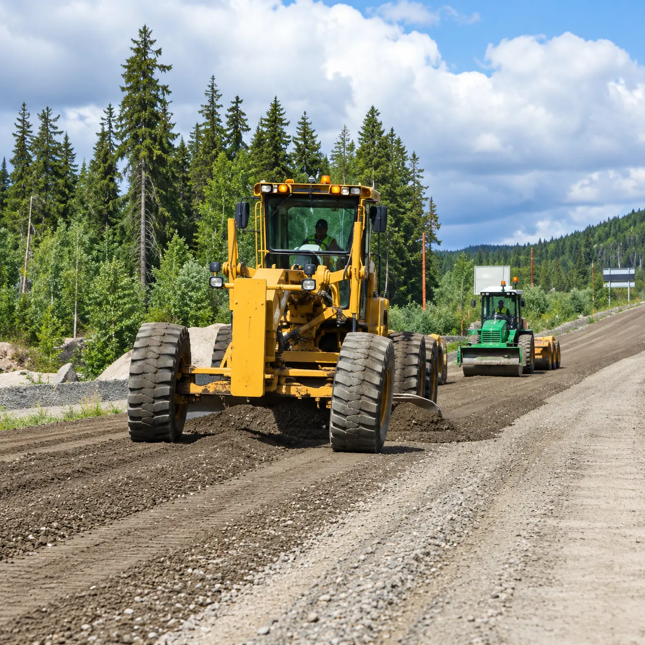 Motor grader preparing the road during Alaska Highway construction