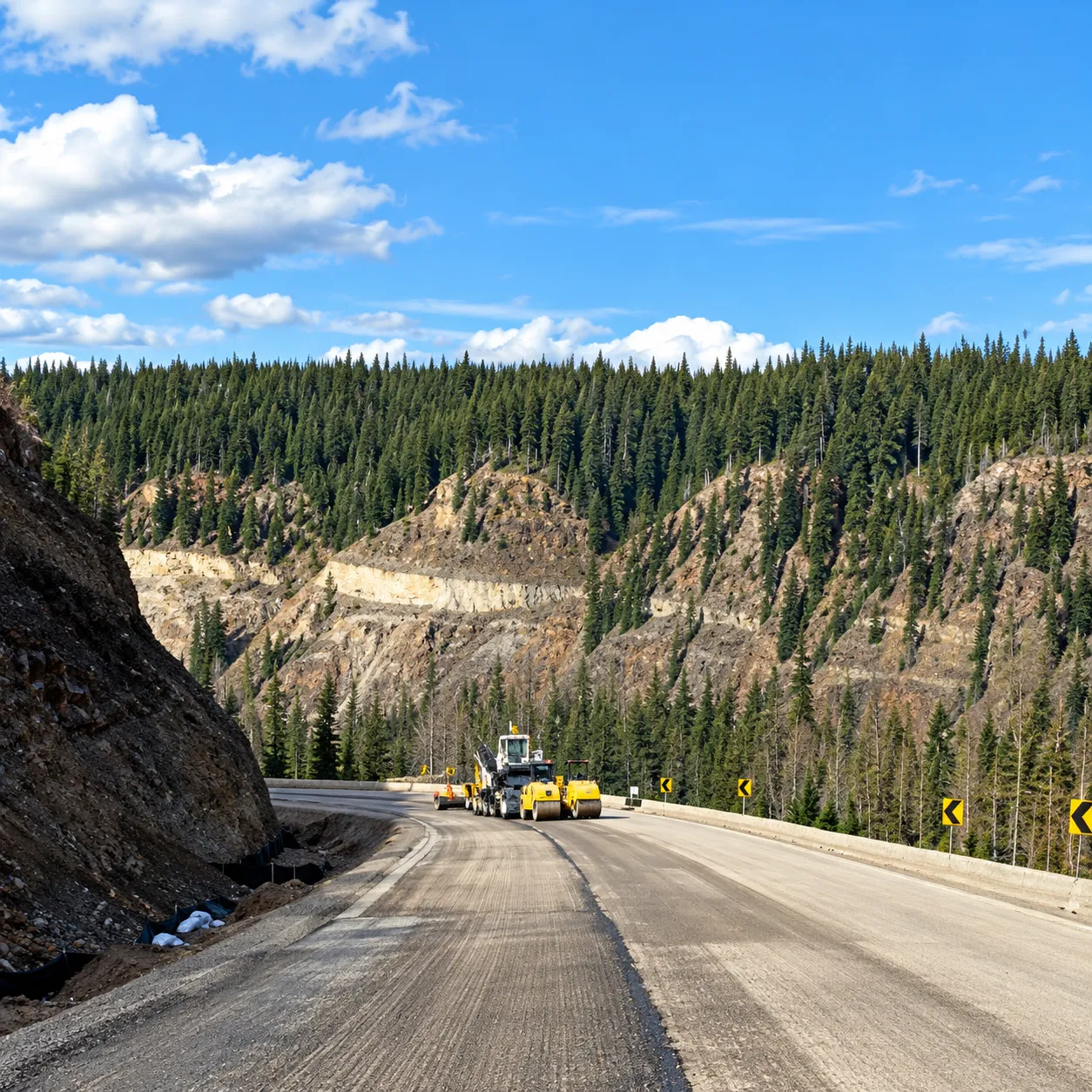 Road construction through mountainous terrain on the Alaska Highway Project
