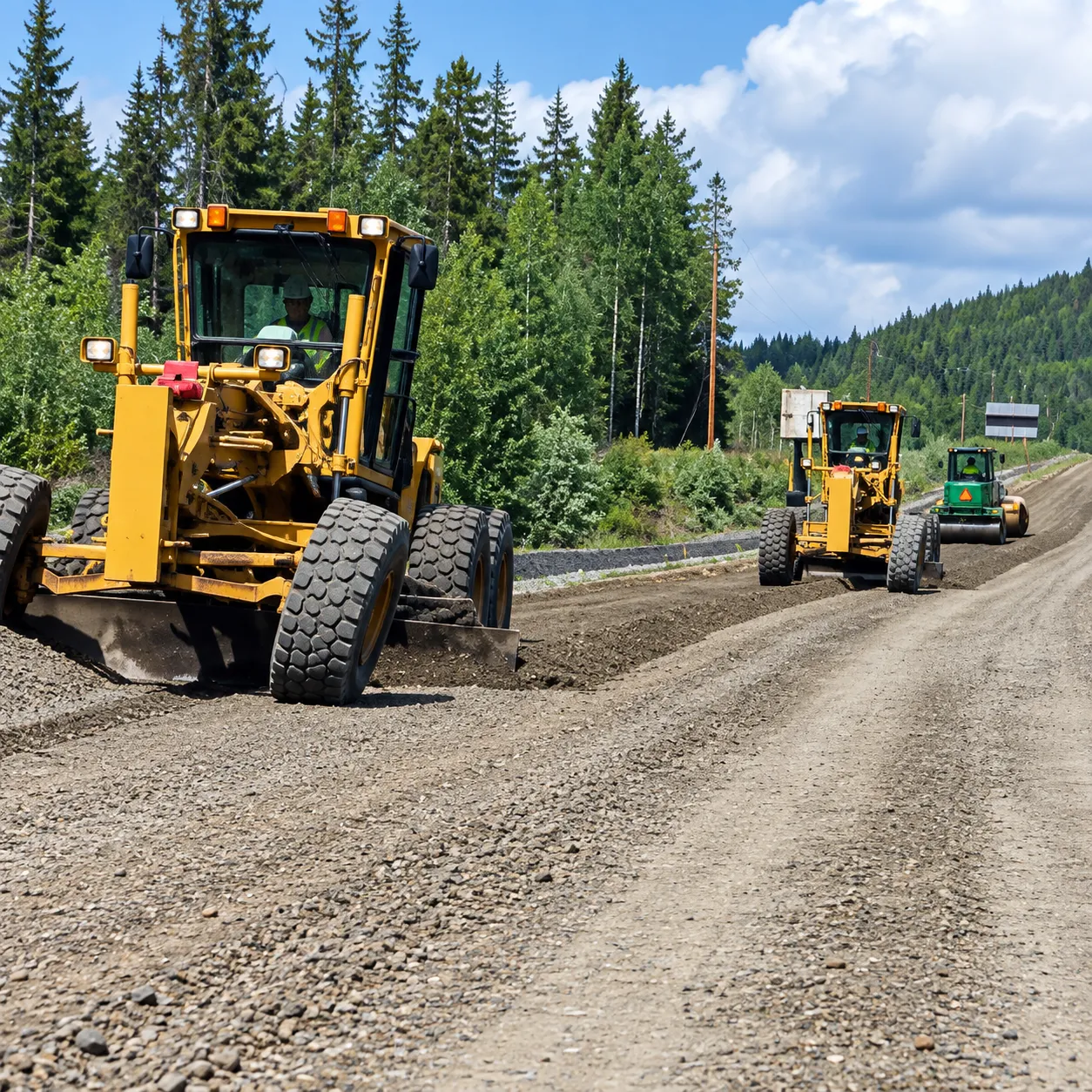 Heavy equipment grading the road surface on the Alaska Highway Project