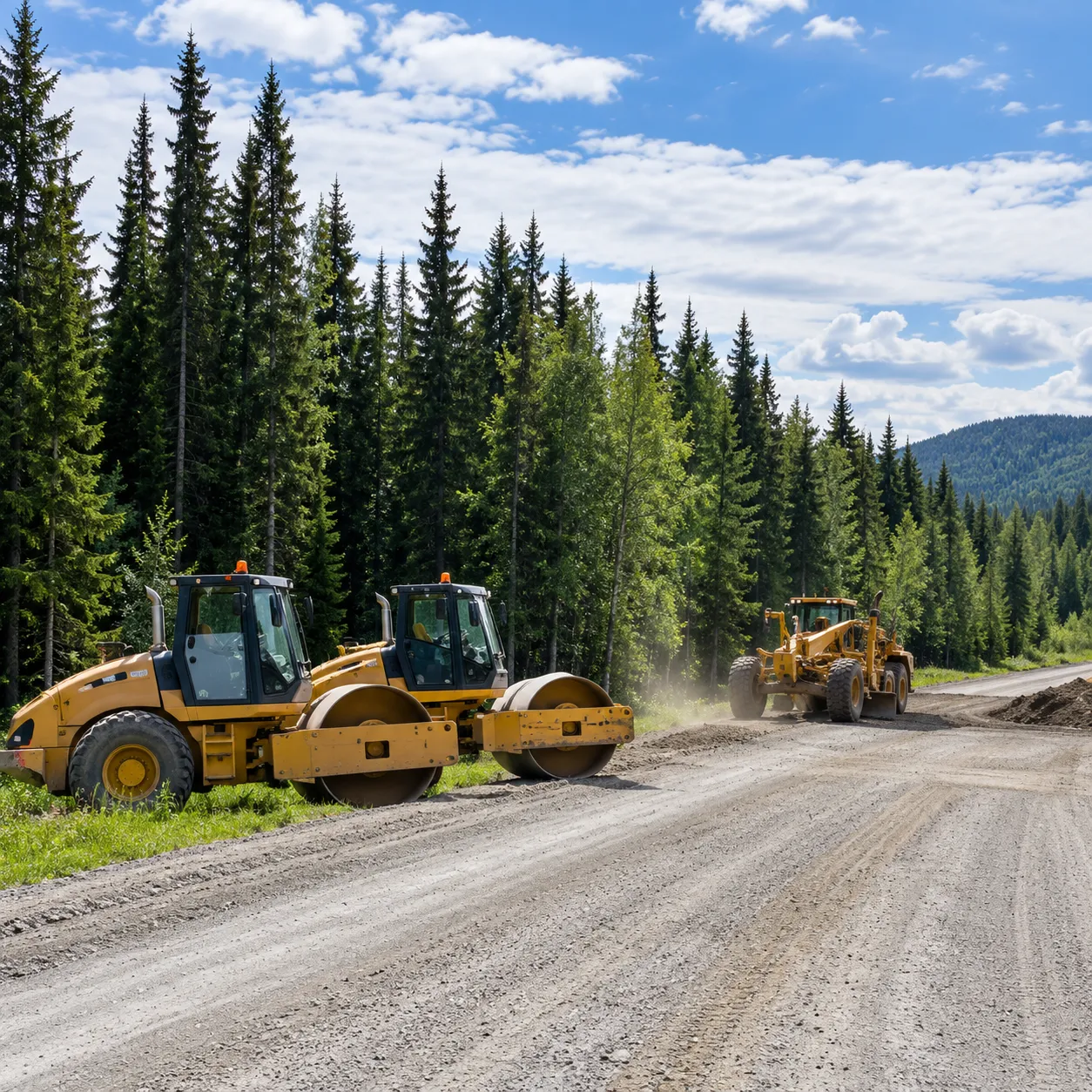 Heavy construction equipment supporting Alaska Highway road work