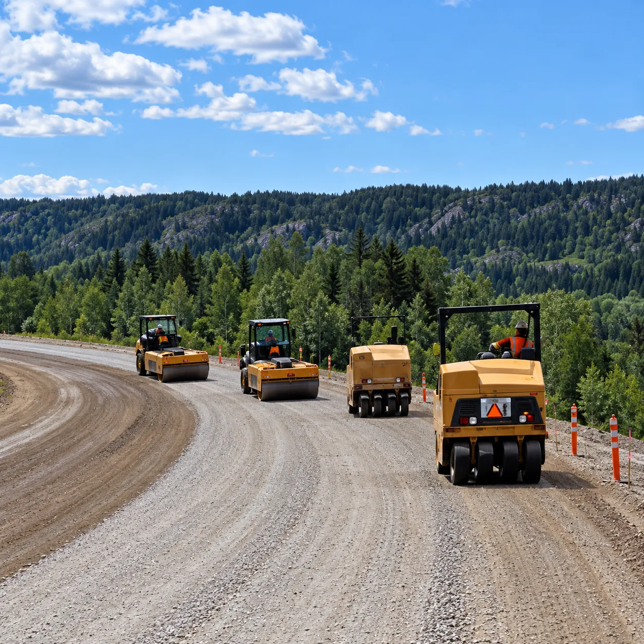 Multiple road building machines working on the Alaska Highway Project