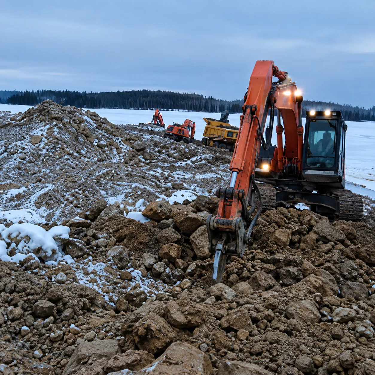 Excavator performing lease construction and ground preparation