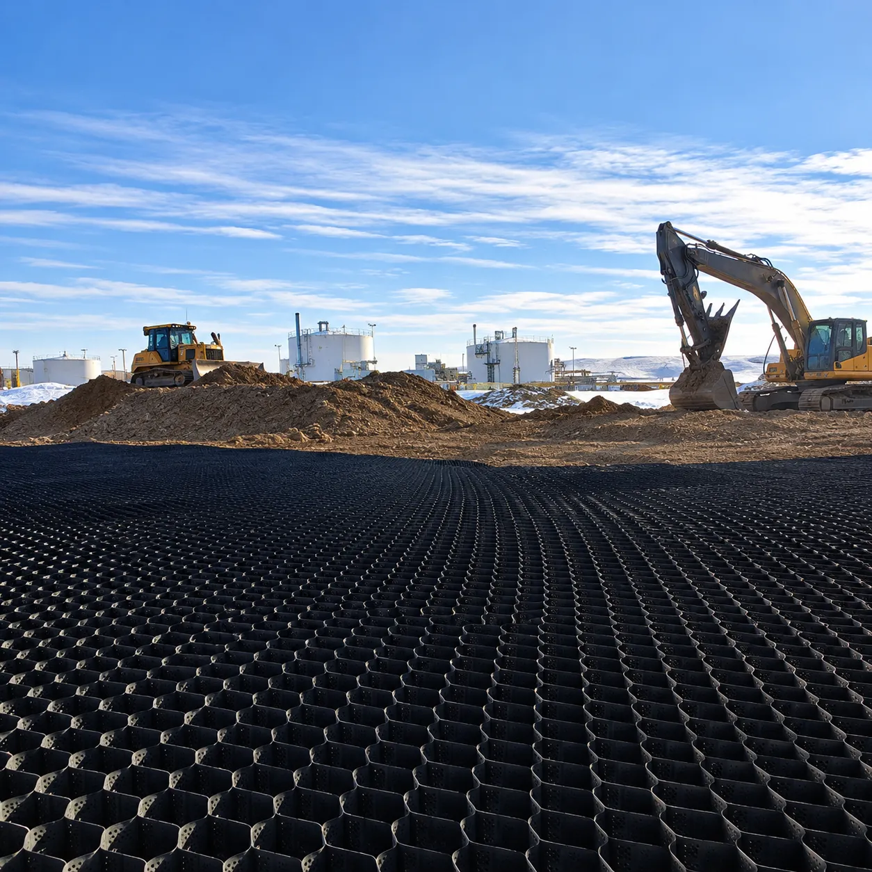 Excavator performing earthworks on an industrial plant construction site